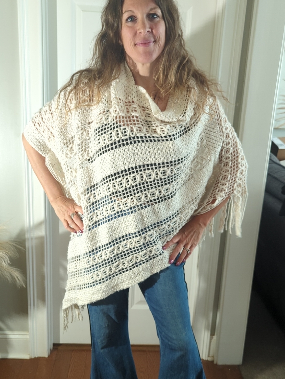 Cream Knit Fringe Poncho Sweater - Women
